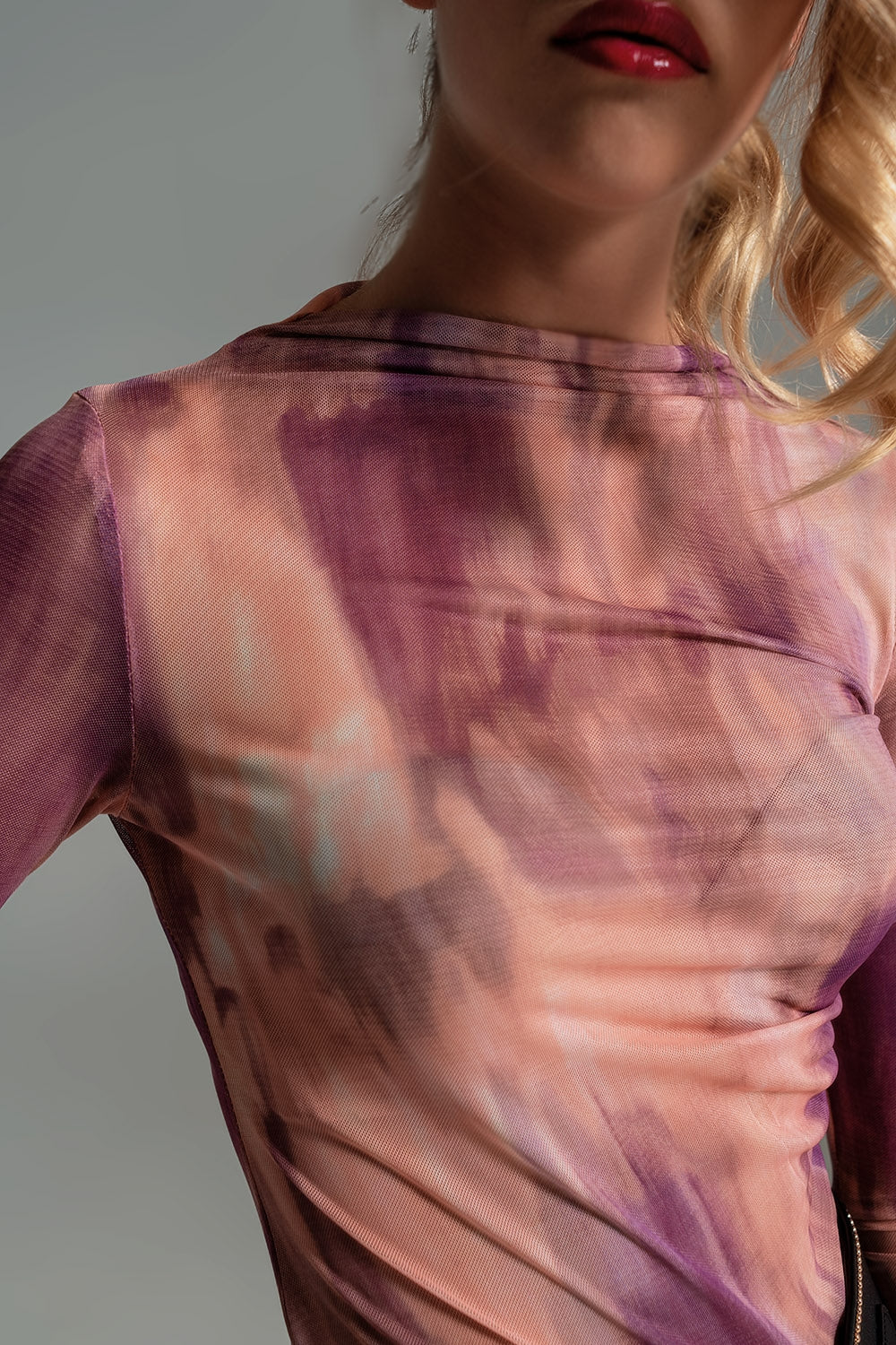Mesh Top Rouched At The Side In Abstract Pink Print - top