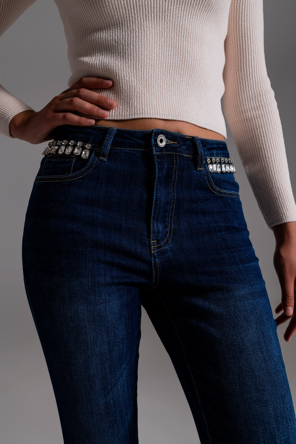 Jeans With strass Fringe At Pockets In Dark Wash - Denim