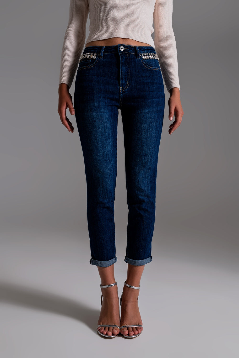 Jeans With strass Fringe At Pockets In Dark Wash - Denim