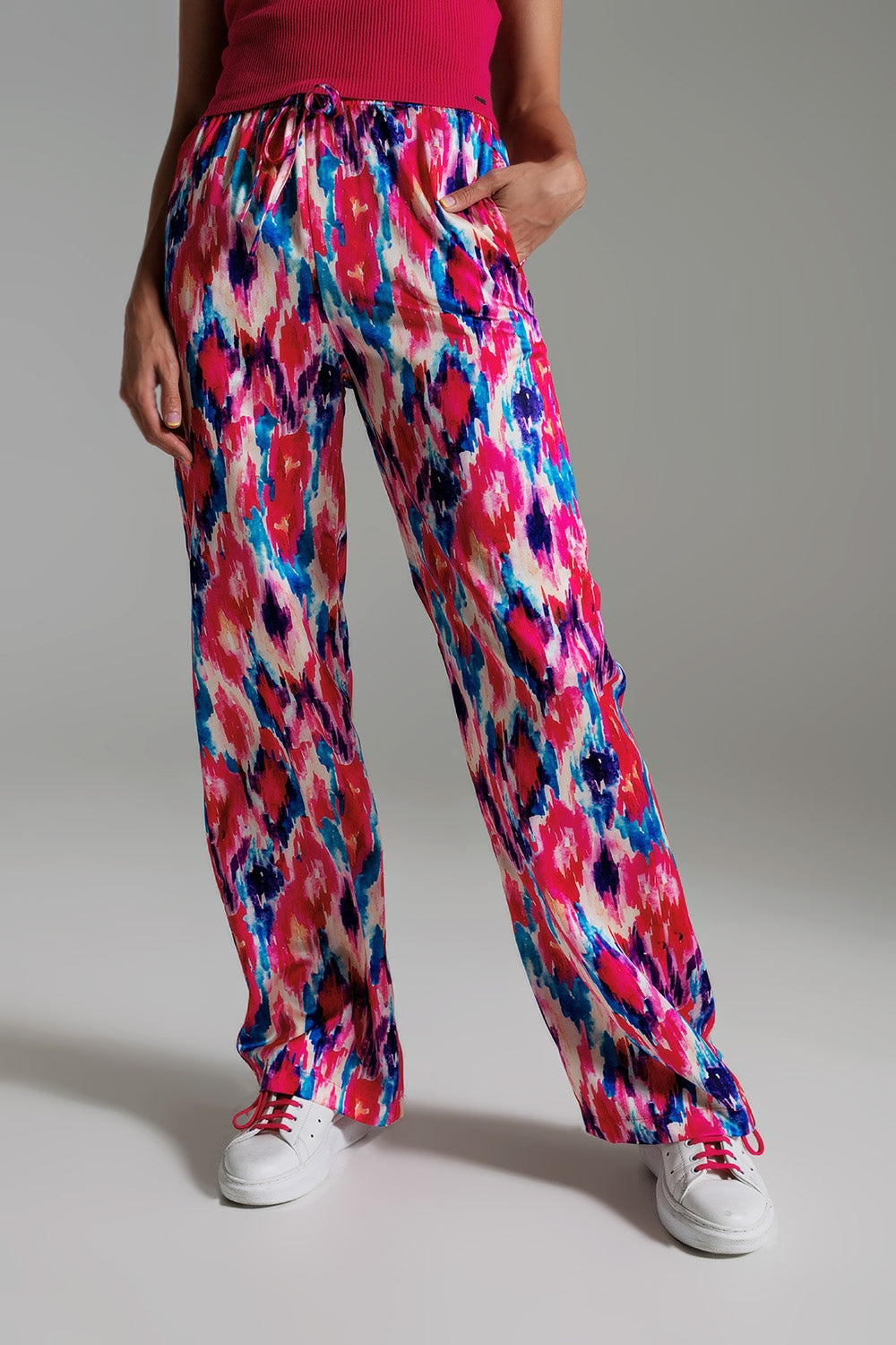 Palazzo Style Pants in Abstract Pink and Blue Print - trousers