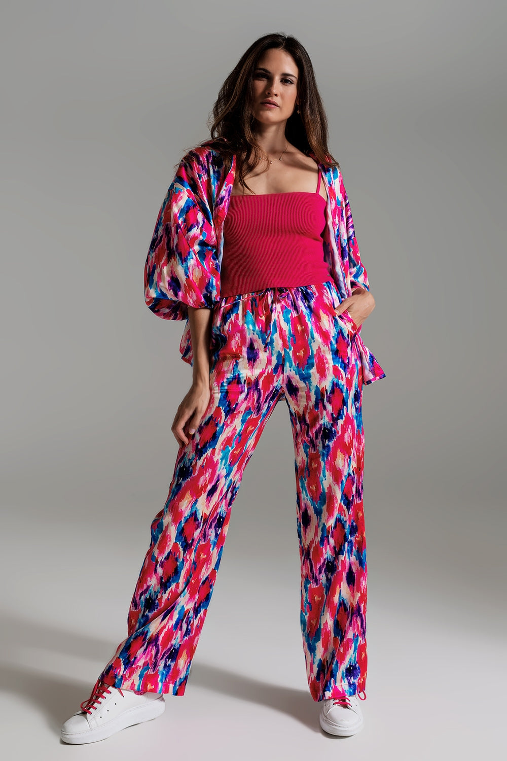 Palazzo Style Pants in Abstract Pink and Blue Print - trousers