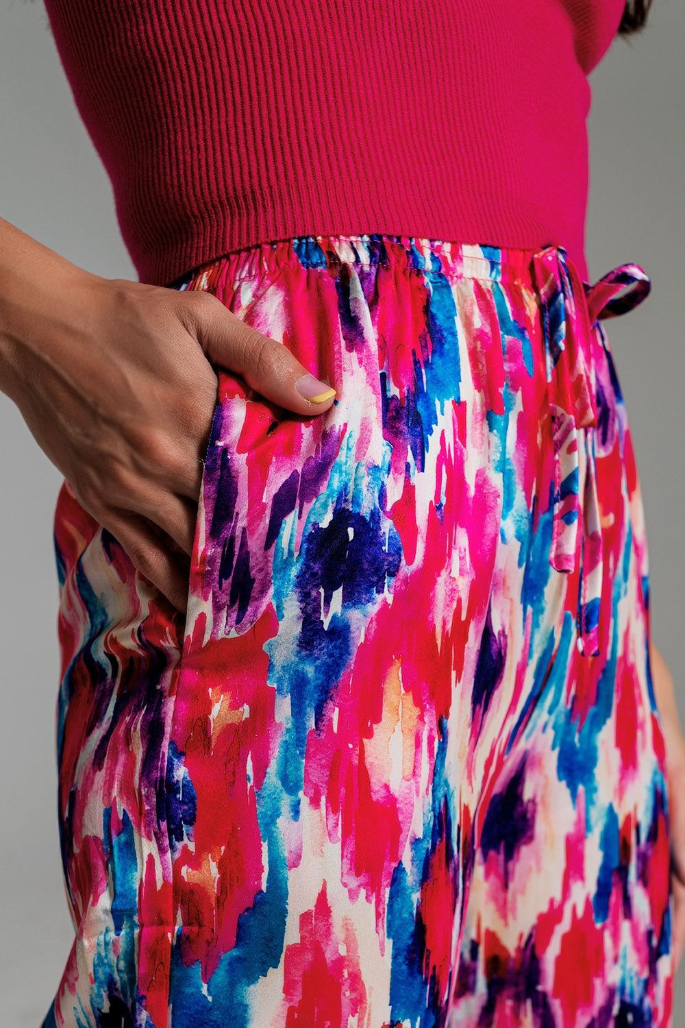 Palazzo Style Pants in Abstract Pink and Blue Print - trousers