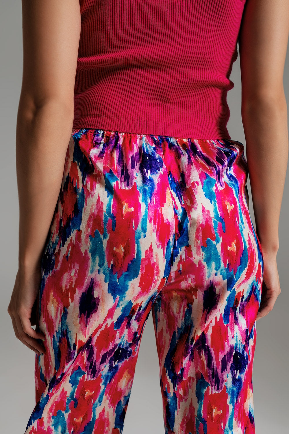 Palazzo Style Pants in Abstract Pink and Blue Print - trousers