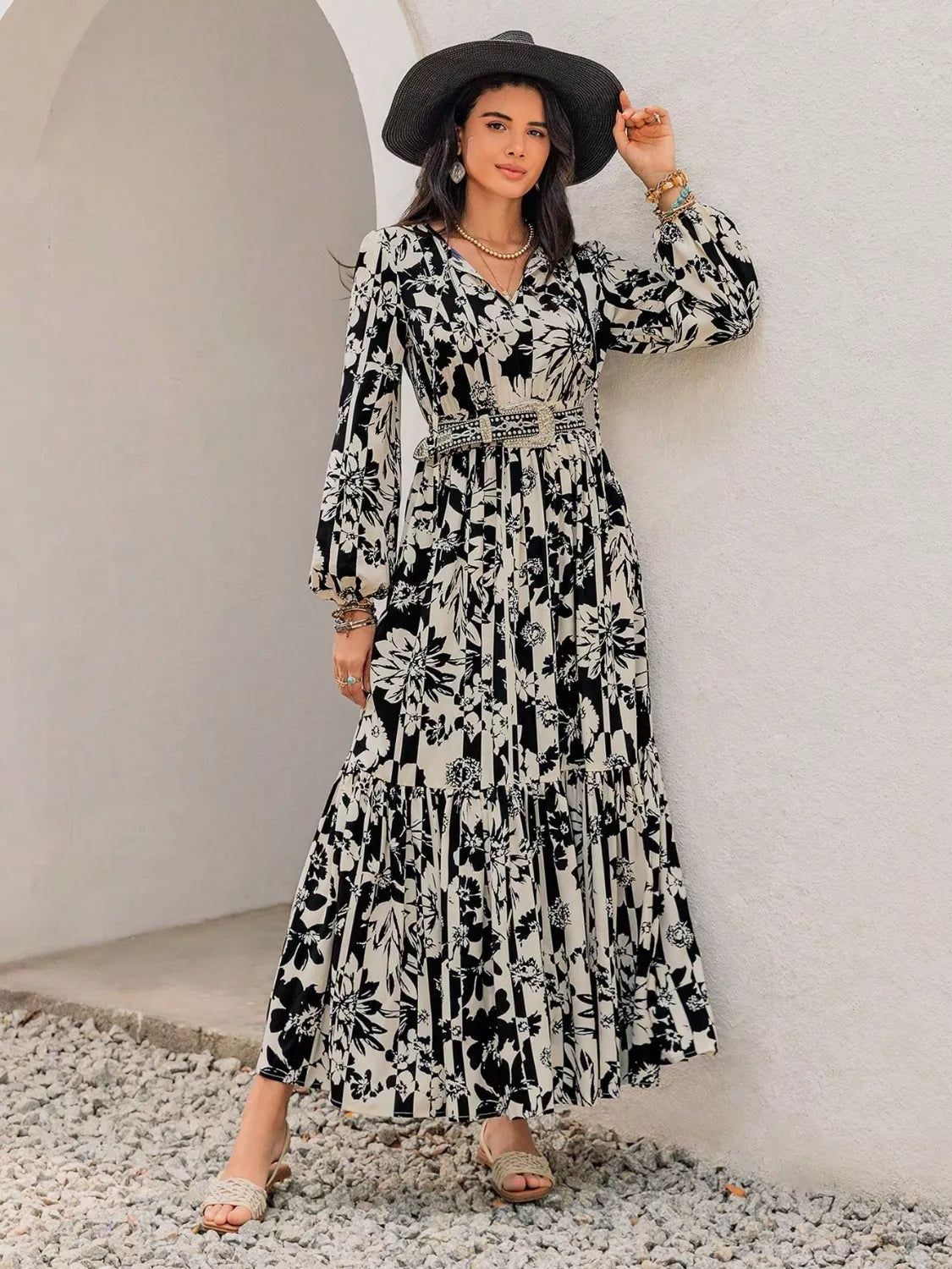 Plus Size Floral Print Balloon Sleeve Maxi Dress -