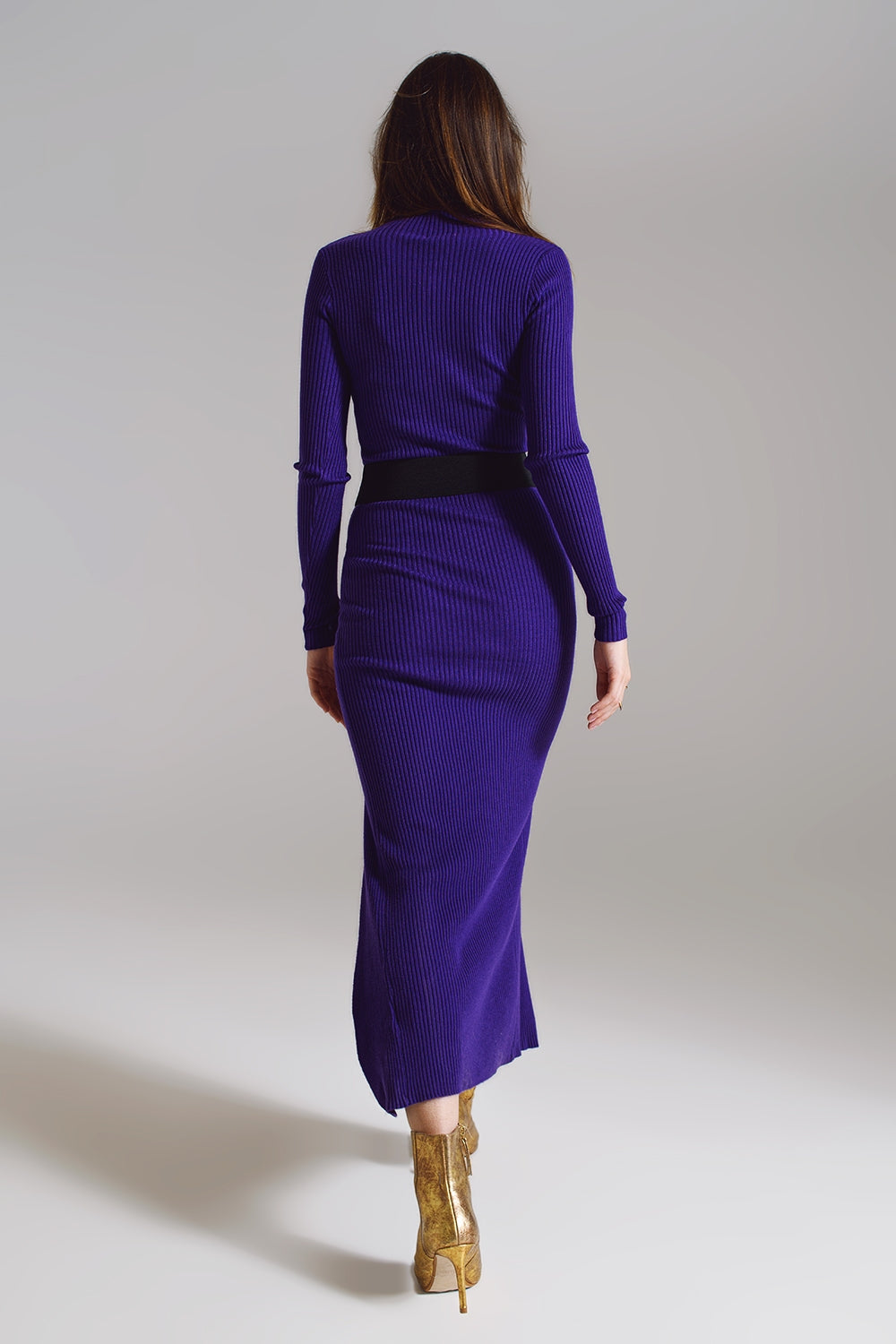 High Neck Maxi Knitted Dress In Purple - dress