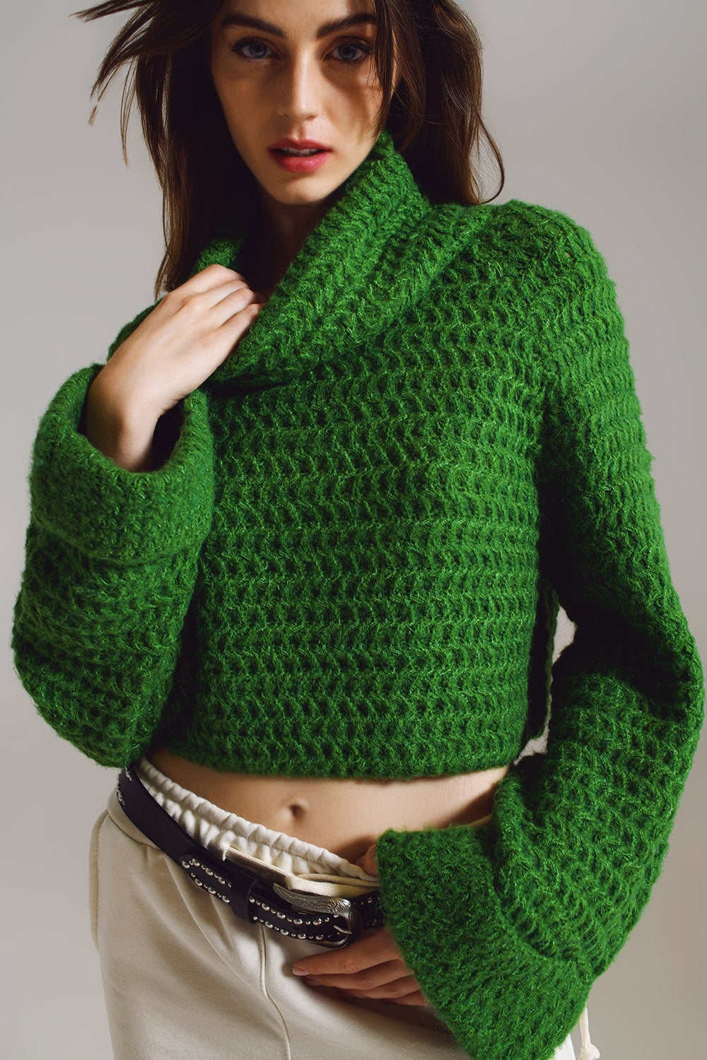 Waffle Knit Jumper With Turtle Neck and Rolled Cuffs in Green