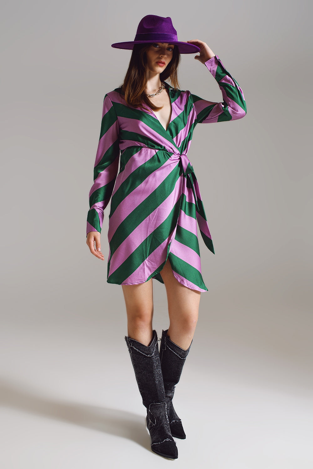 Satin Wrap Dress in Lilac and Green Striped Print - dress