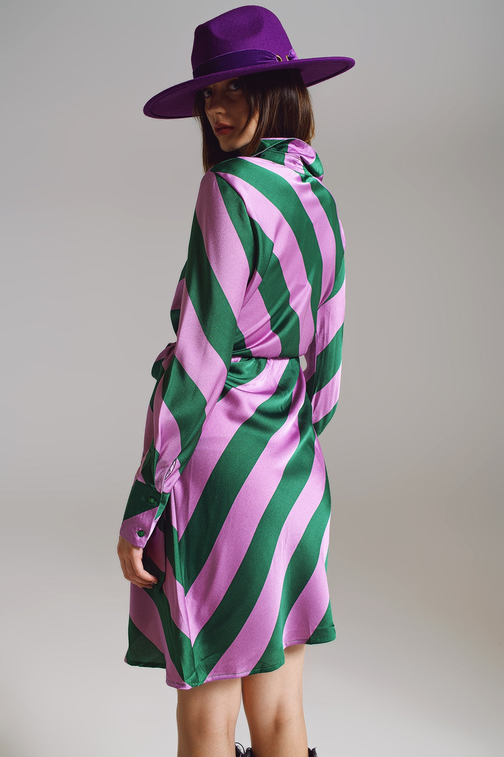 Satin Wrap Dress in Lilac and Green Striped Print - dress
