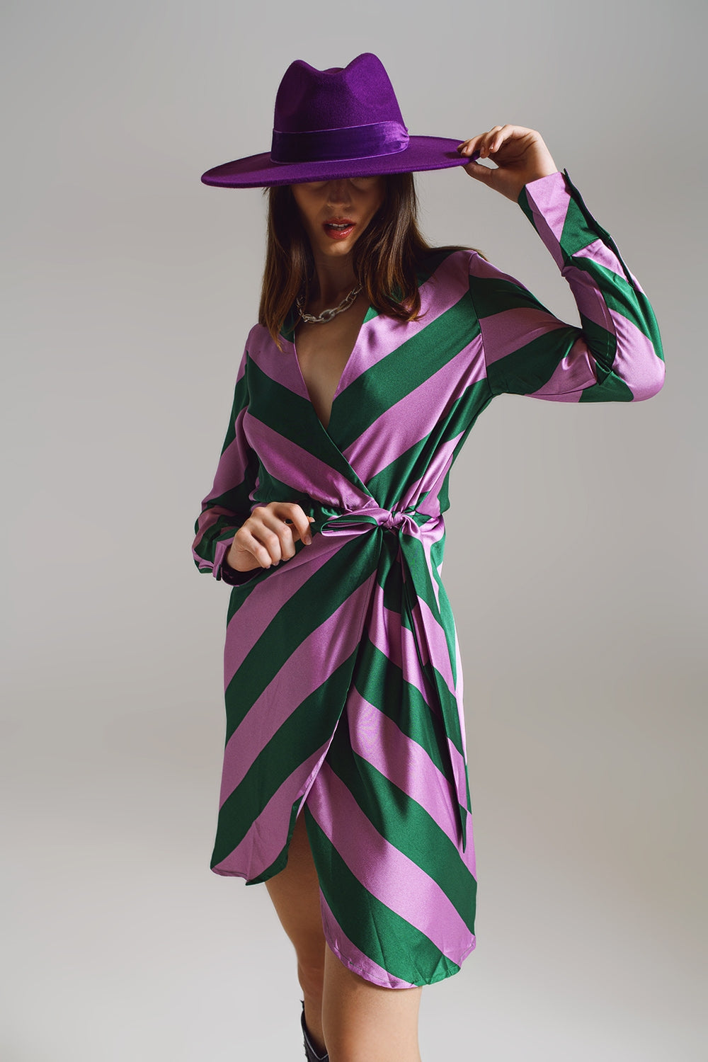 Satin Wrap Dress in Lilac and Green Striped Print - dress