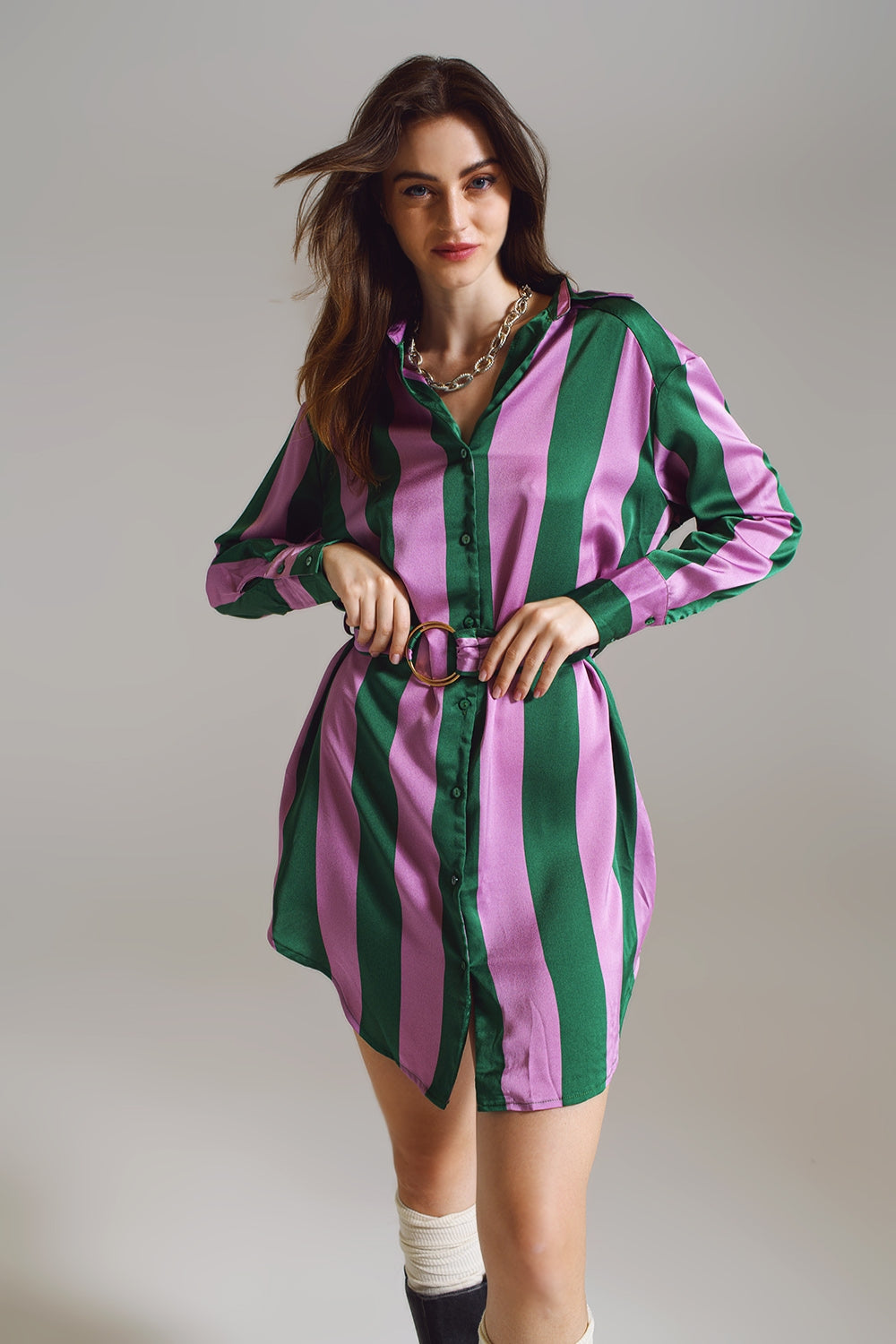 Short Shirt Dress in Lilac and Green Stripe - dress