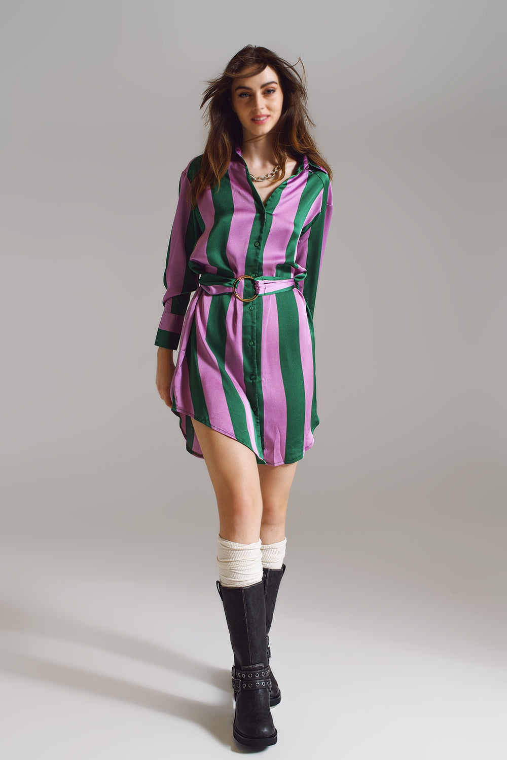 Short Shirt Dress in Lilac and Green Stripe - dress