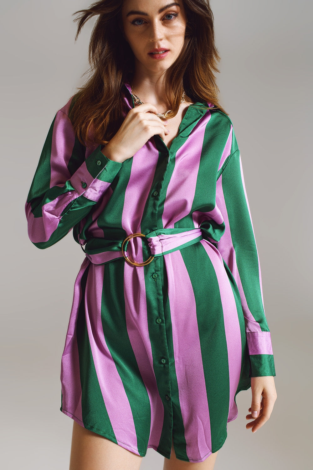 Short Shirt Dress in Lilac and Green Stripe - dress