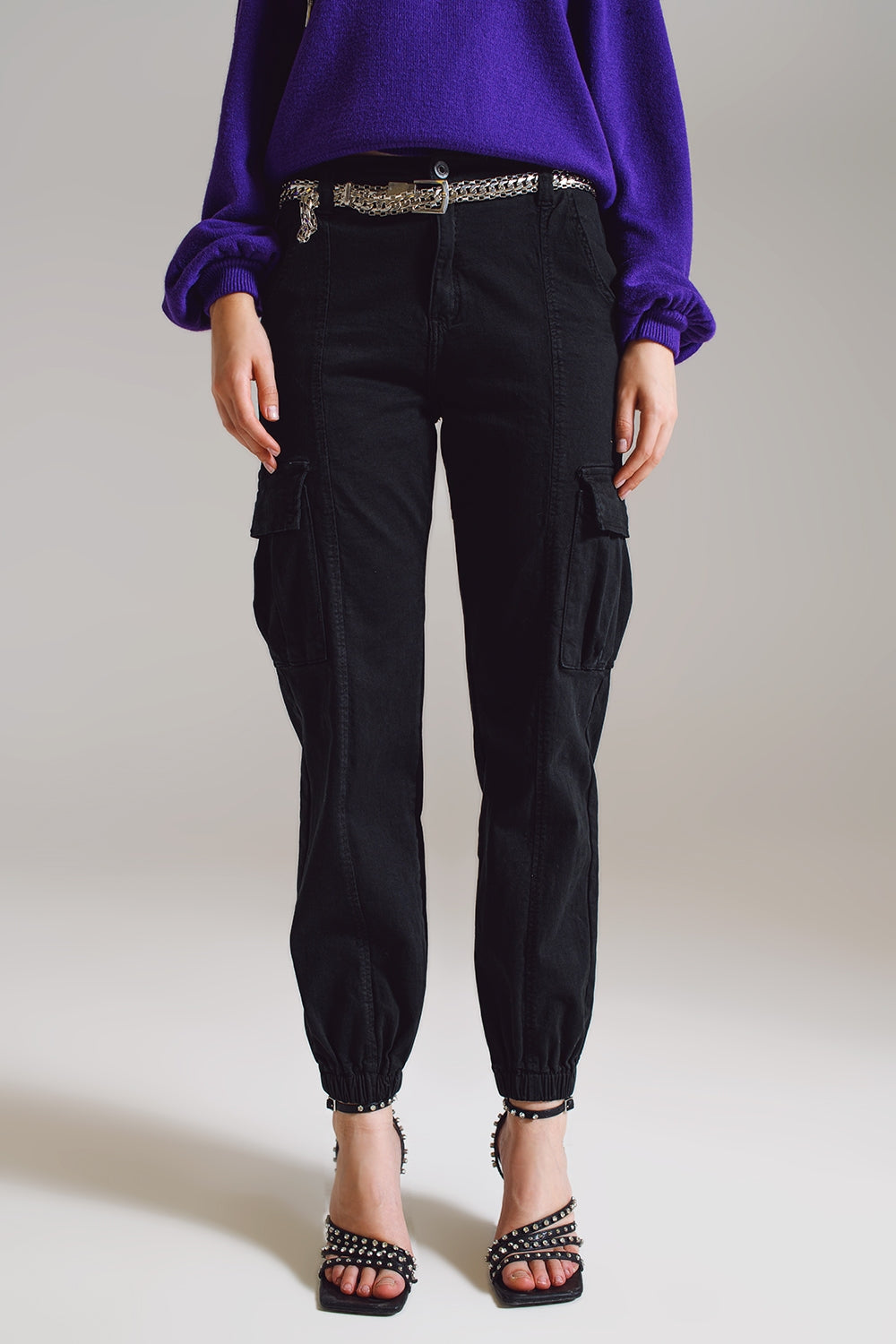 black cargo pants with elasticated waist and hem - Coloured Jeans