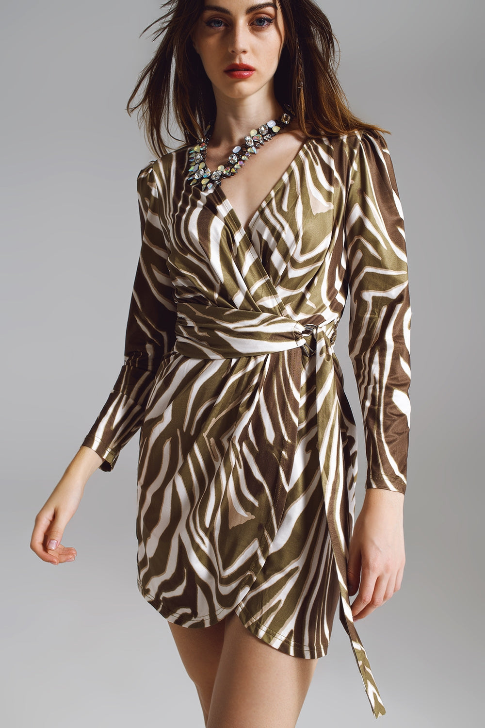 Wrapped Long Sleeve dress With Belt in Cream and Olive Green Zebra Print - dress