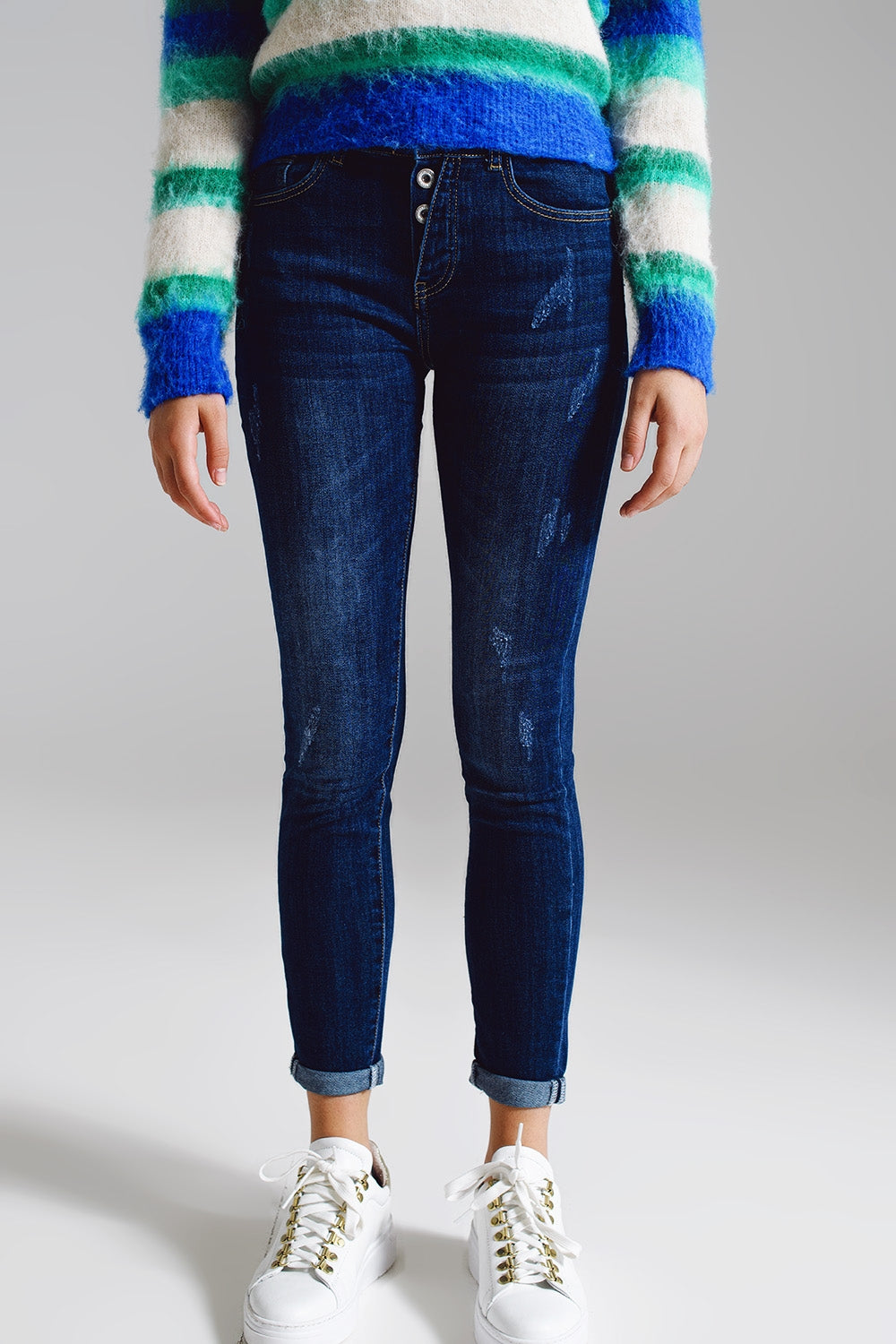 Super skinny jeans with visible front buttoning in midwash - Denim