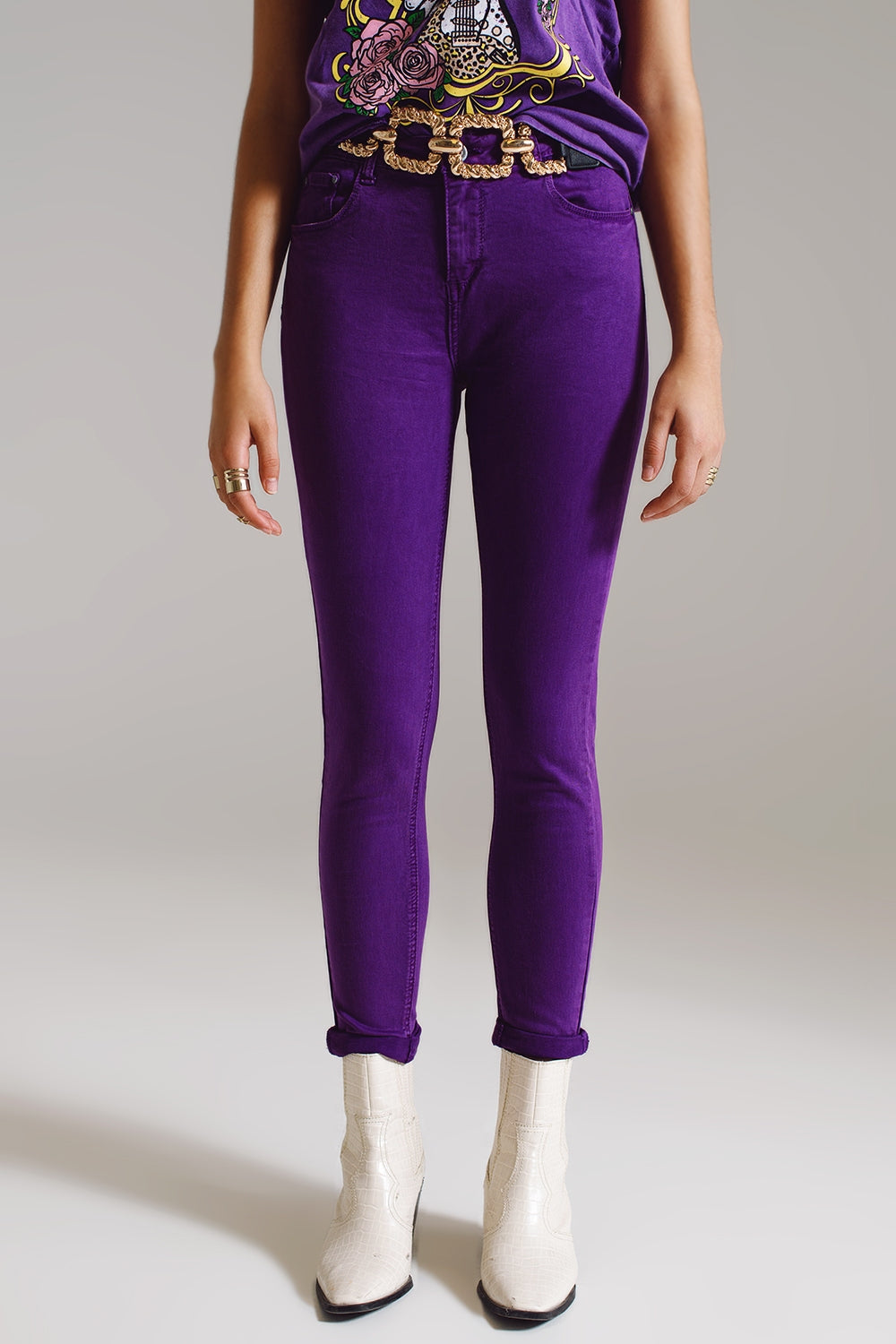 Purple ankle skinny jeans with soft wrinkles - Coloured Jeans