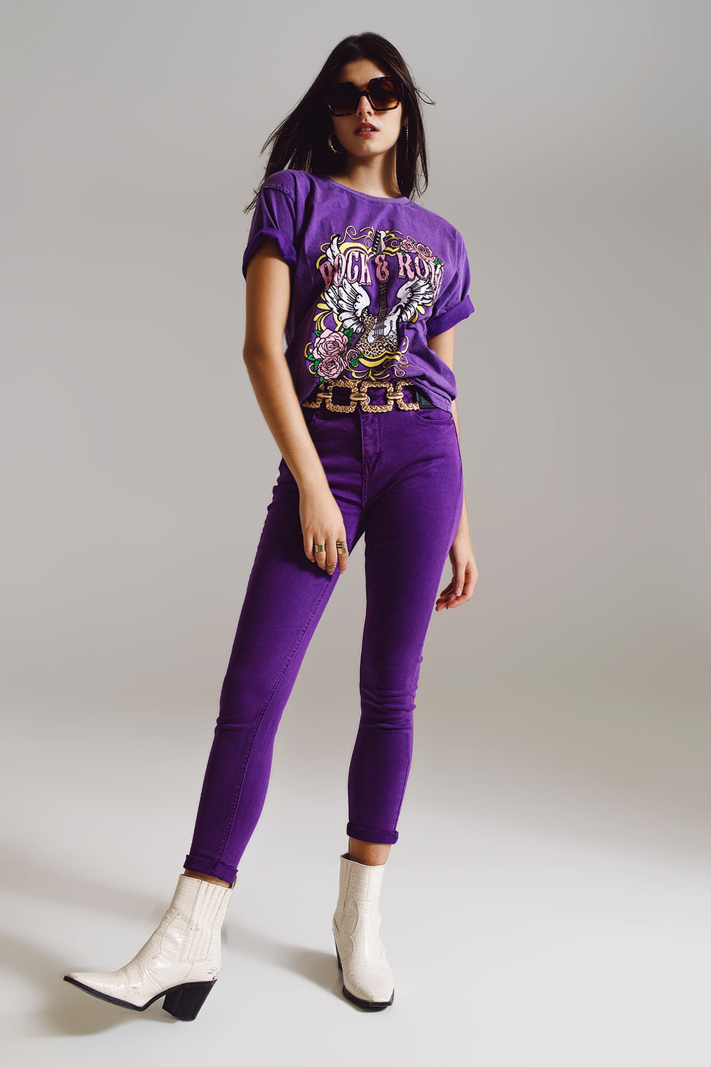 Purple ankle skinny jeans with soft wrinkles - Coloured Jeans