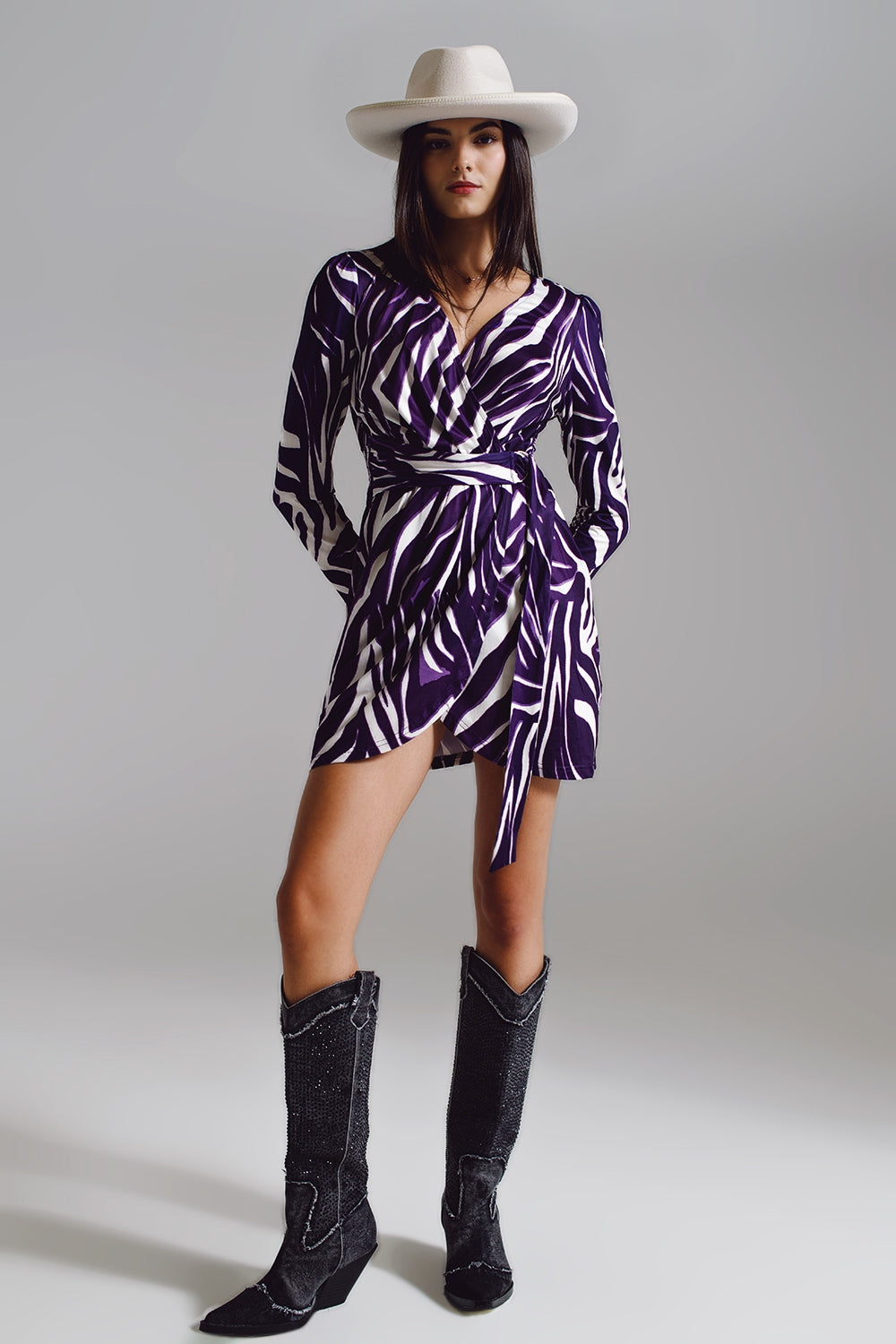 Wrapped Long Sleeve dress With Belt in Cream and Purple Zebra Print - dress