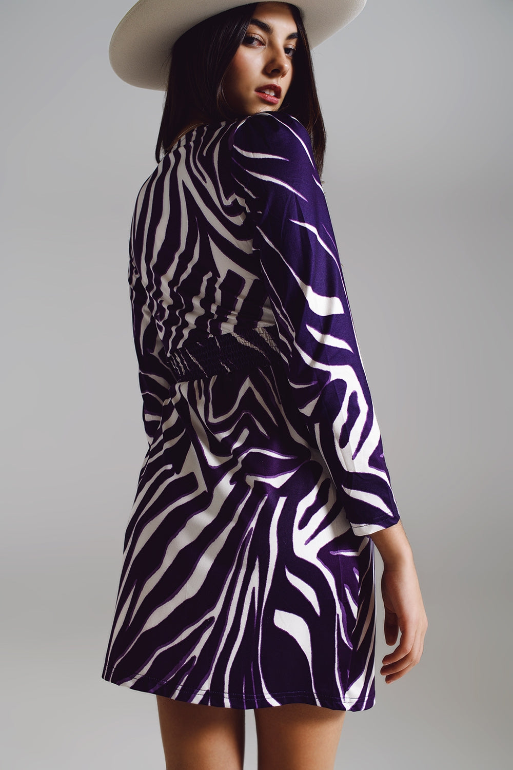 Wrapped Long Sleeve dress With Belt in Cream and Purple Zebra Print - dress