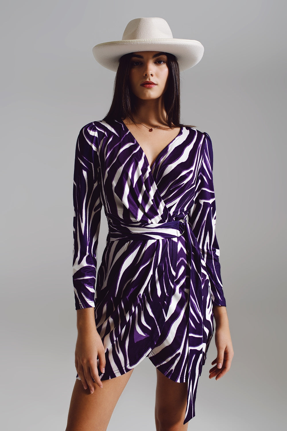 Wrapped Long Sleeve dress With Belt in Cream and Purple Zebra Print - dress