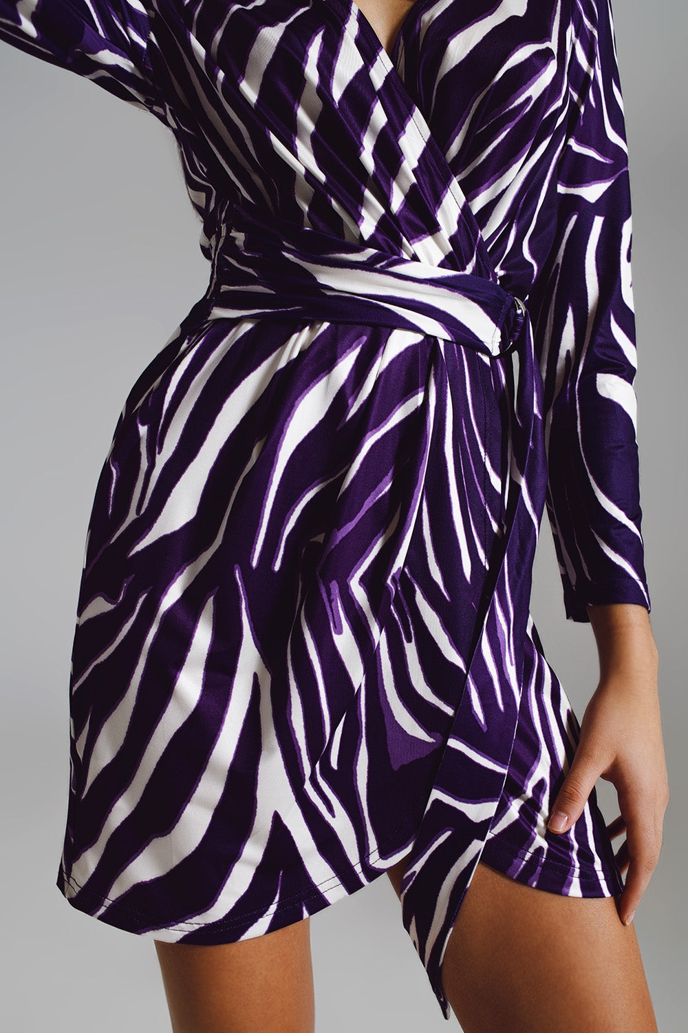 Wrapped Long Sleeve dress With Belt in Cream and Purple Zebra Print - dress