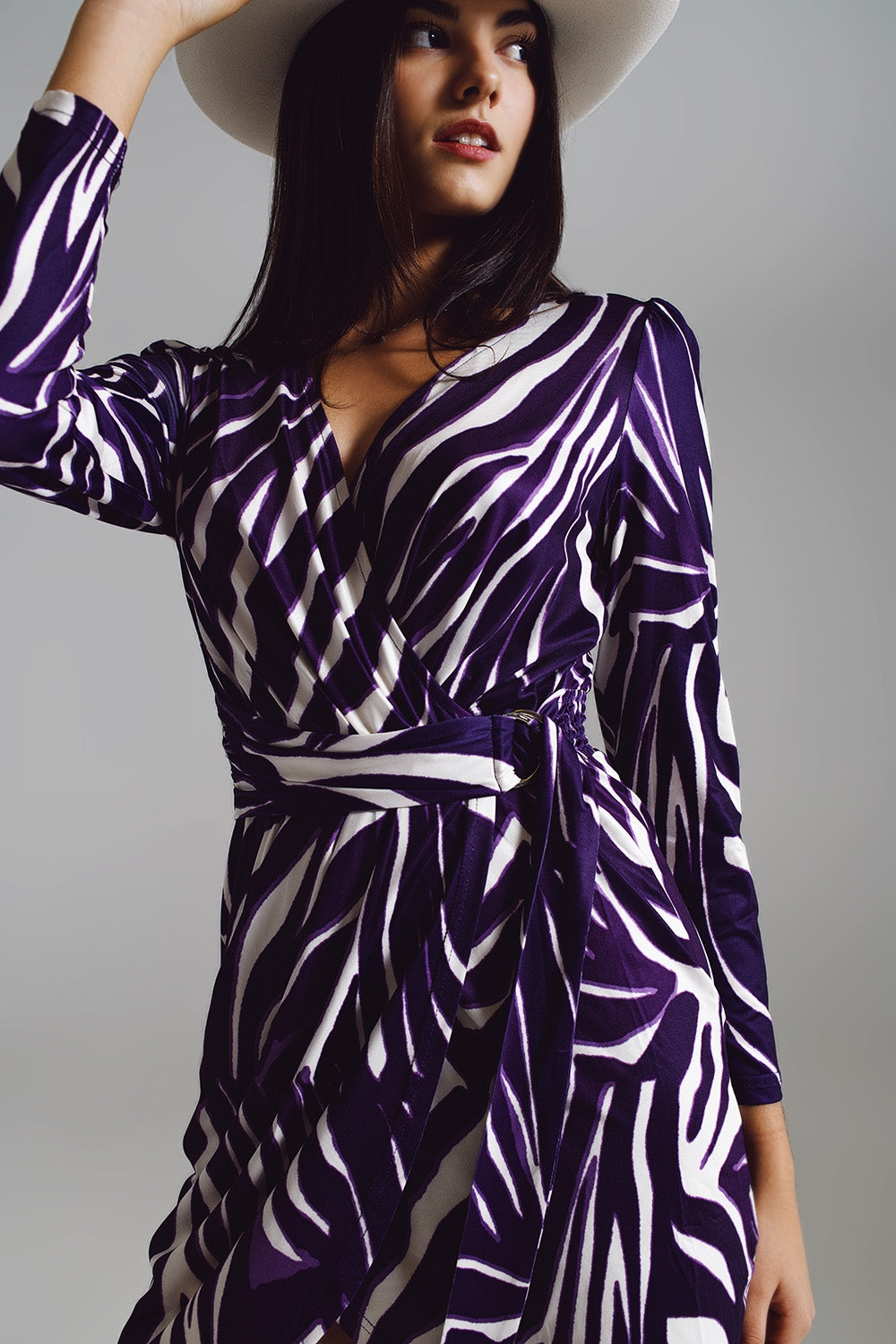 Wrapped Long Sleeve dress With Belt in Cream and Purple Zebra Print - dress