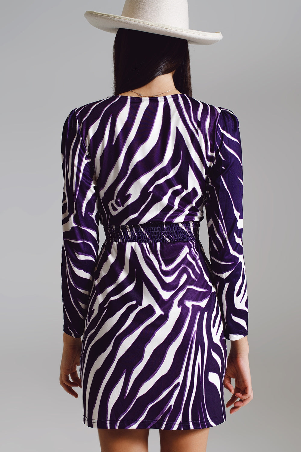 Wrapped Long Sleeve dress With Belt in Cream and Purple Zebra Print - dress