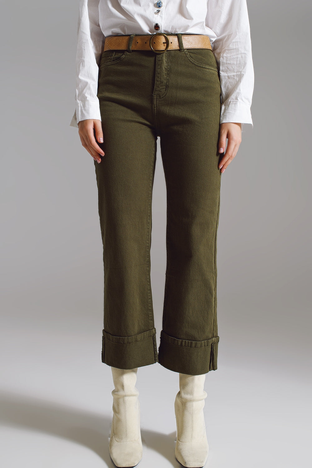Straight Leg Jeans with Cropped Hem in dark Green - Coloured Jeans