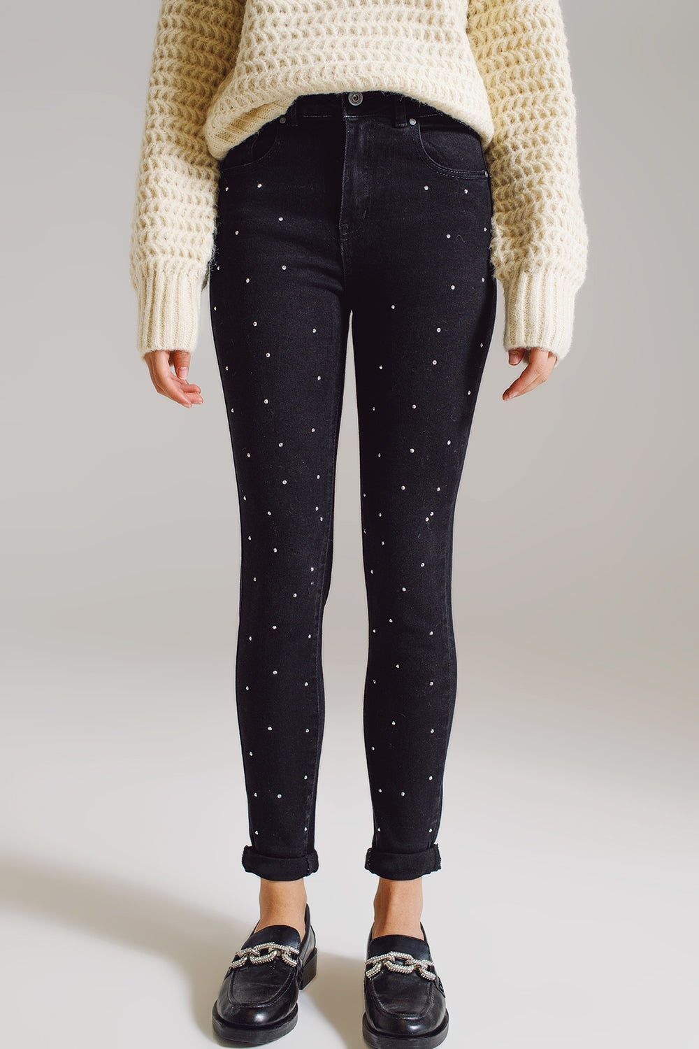 Skinny Jeans With Embellished Strass All Over In Black - Coloured Jeans