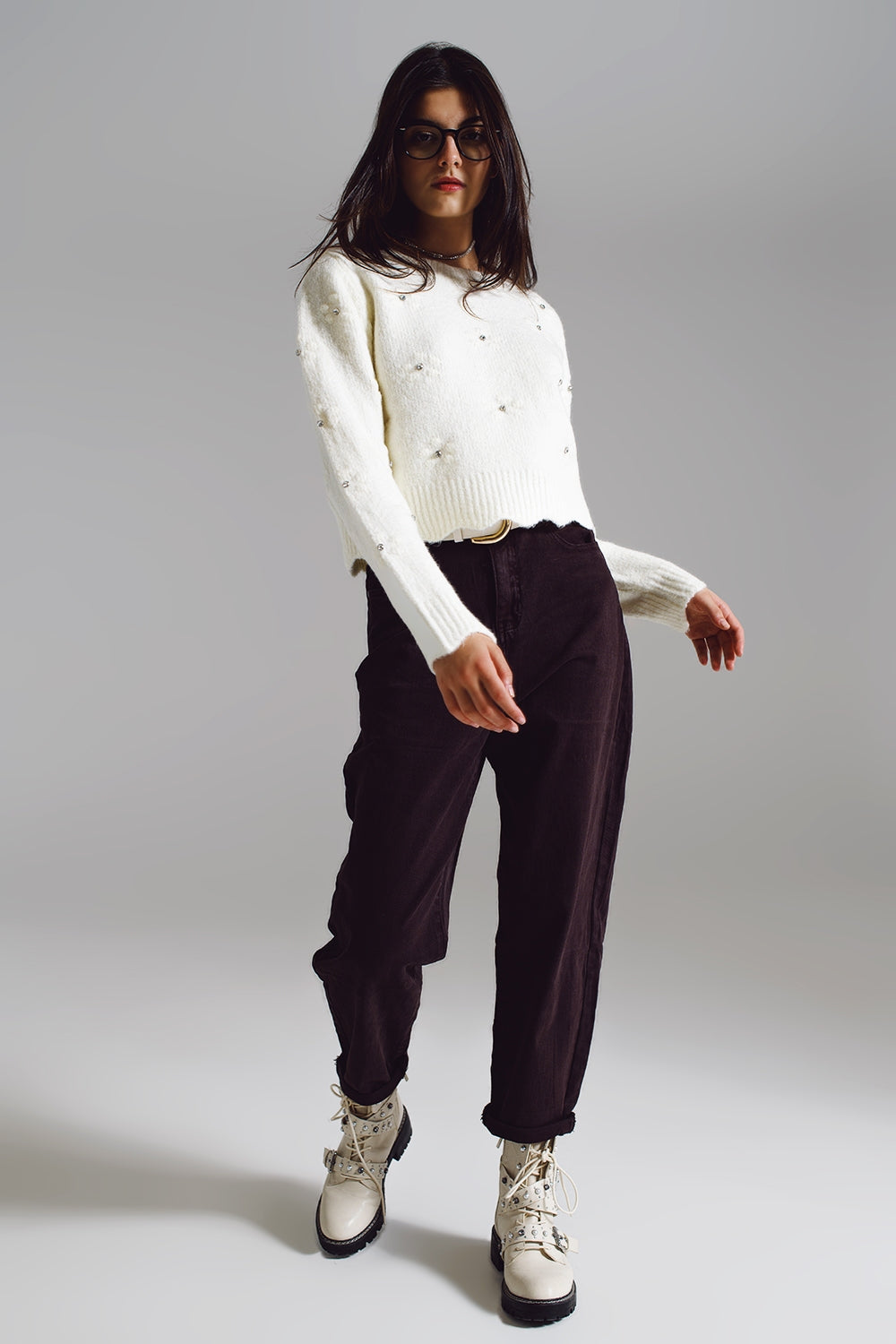 Brown relaxed pants with pocket detail at the waist - Coloured Jeans