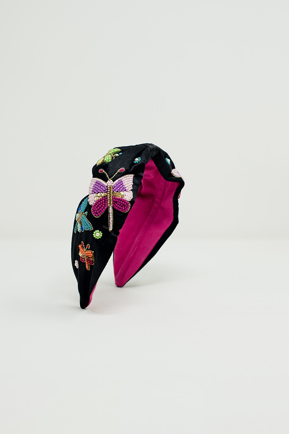 Black Headband With Embroidered Butterflies and Flowers