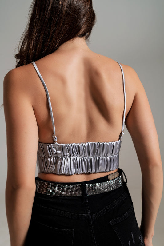 Cropped party top in satin fabric silver with V-neck - top
