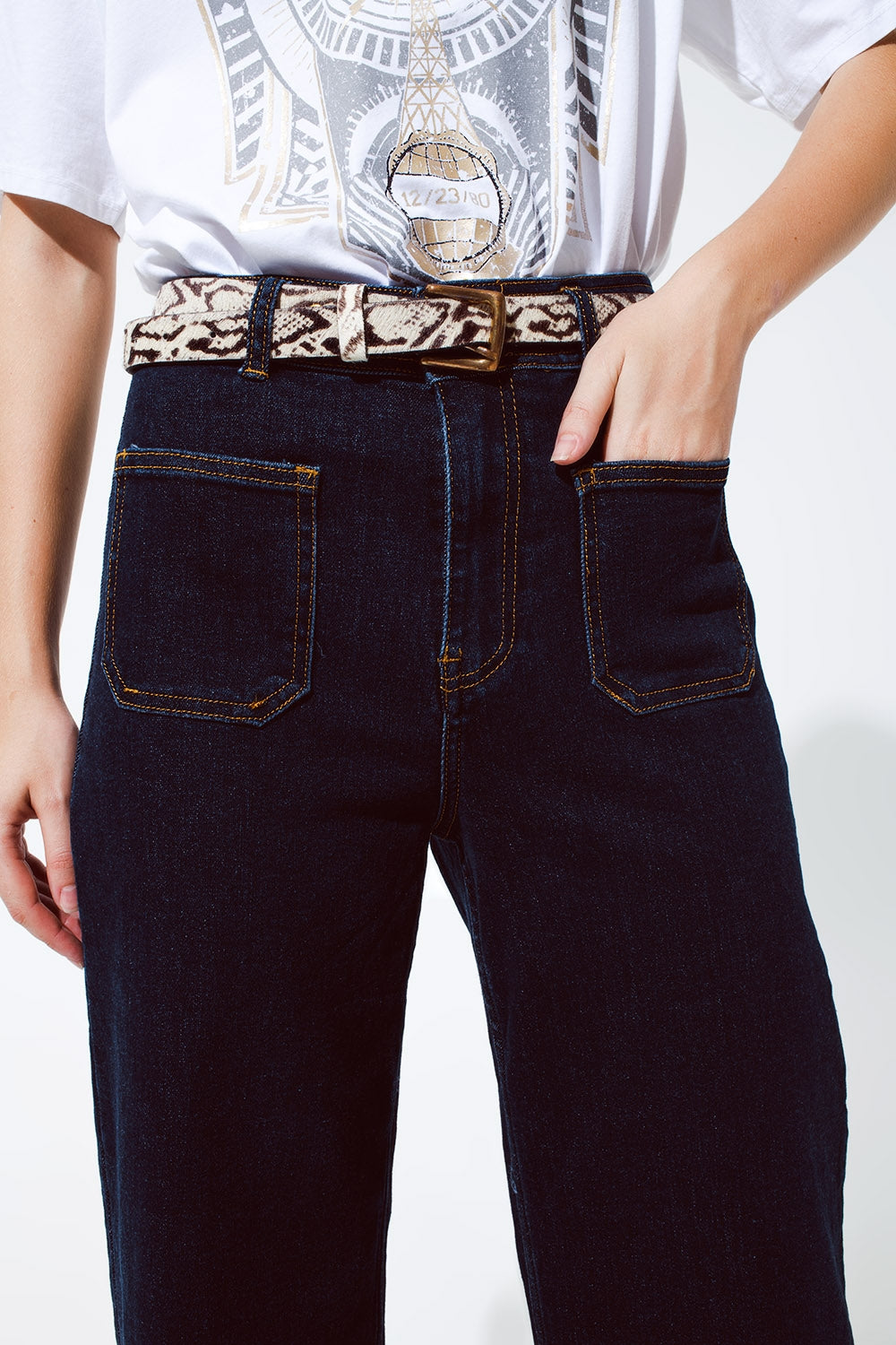 Straight Jeans With Pocket Detail In Dark Wash - Denim