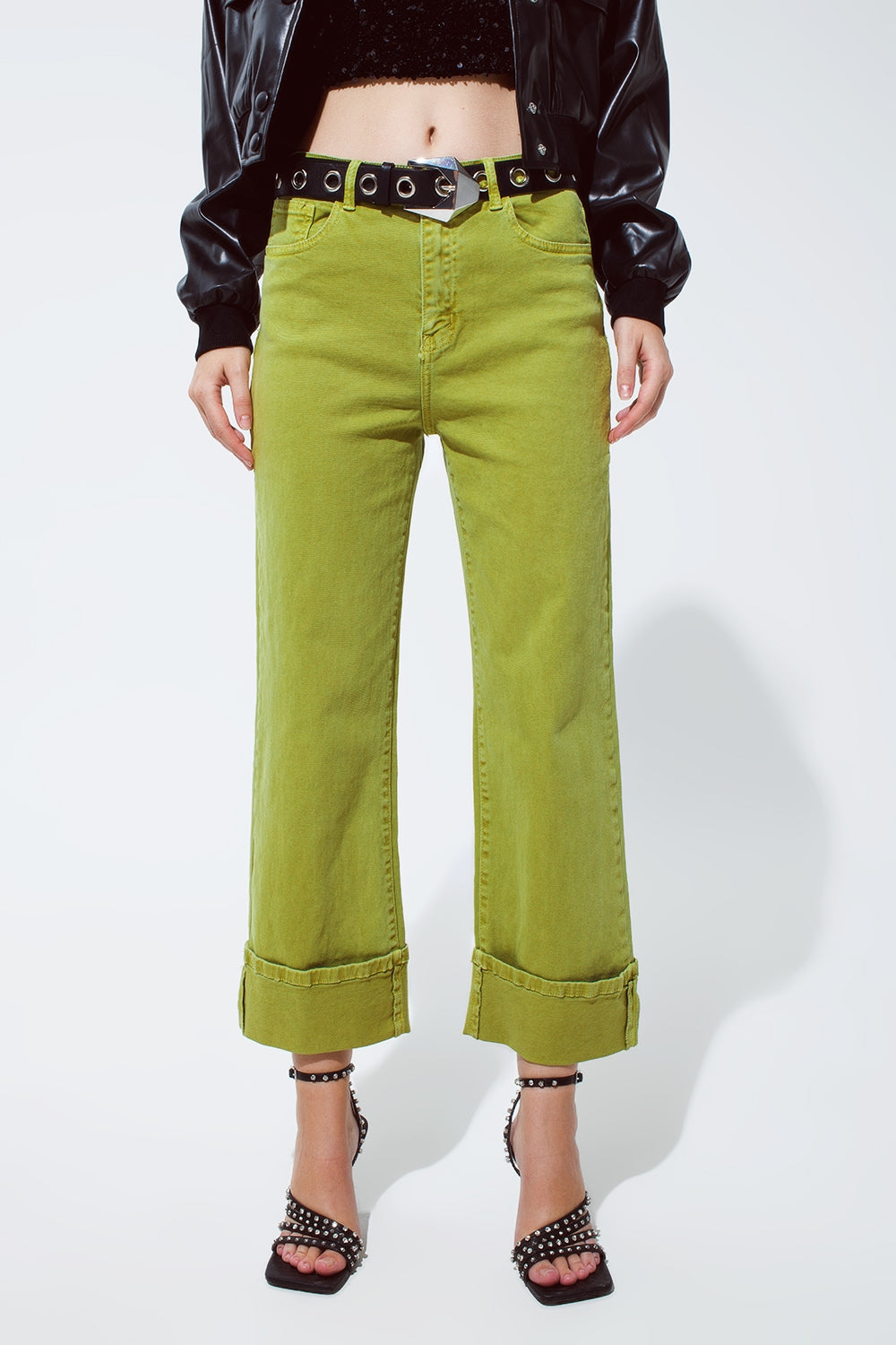 Straight Leg Jeans with Cropped Hem in olive green - Coloured Jeans