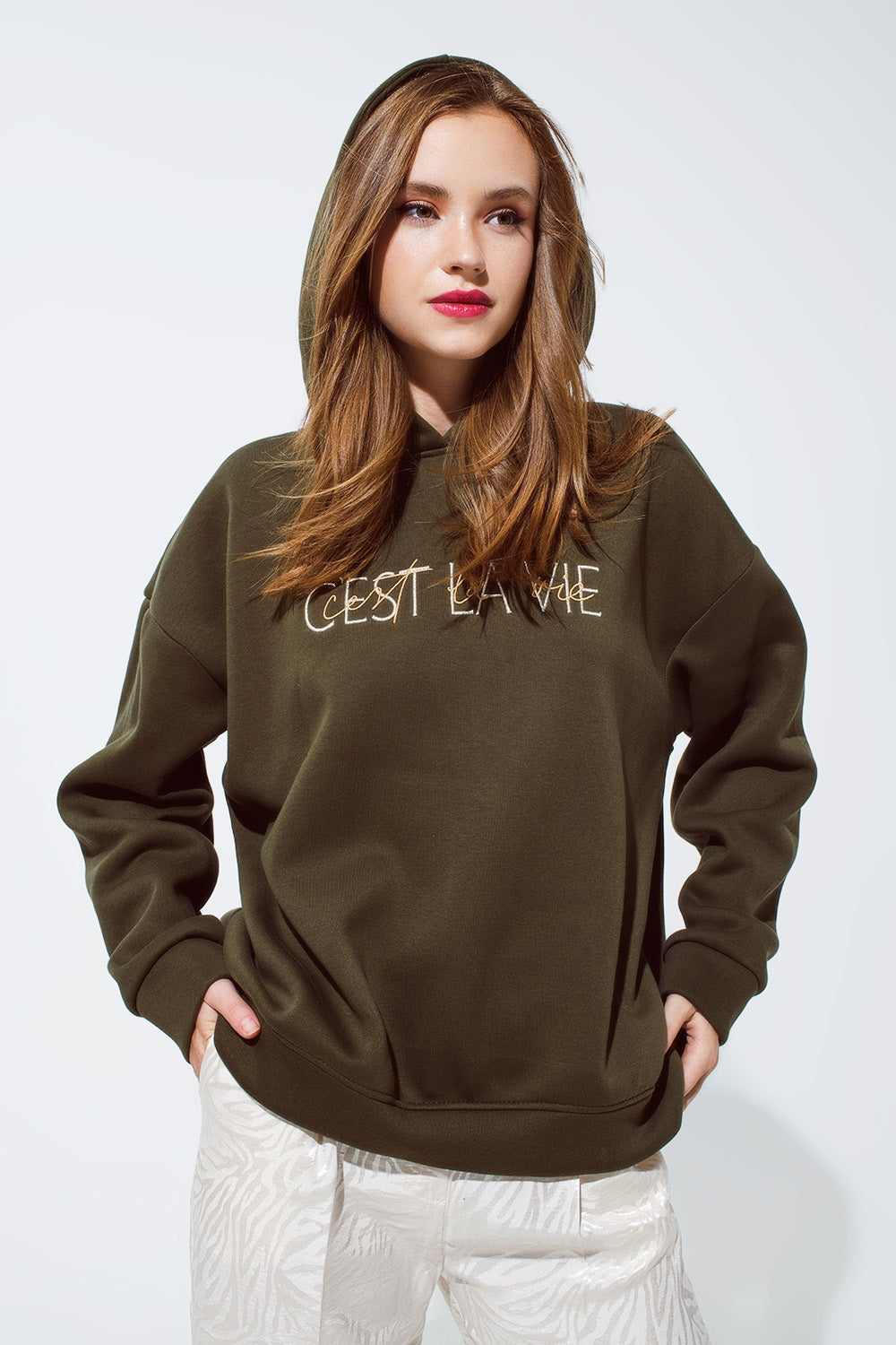 Khaki color hoodie with embroidered Cest La Vie text - jumper