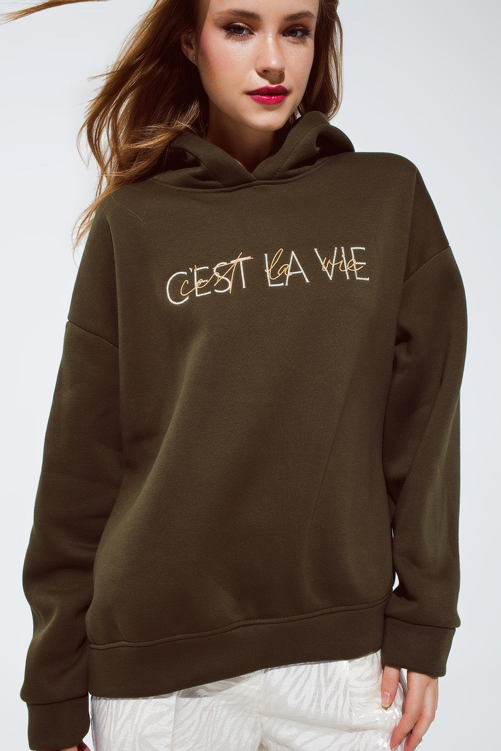 Khaki color hoodie with embroidered Cest La Vie text - jumper