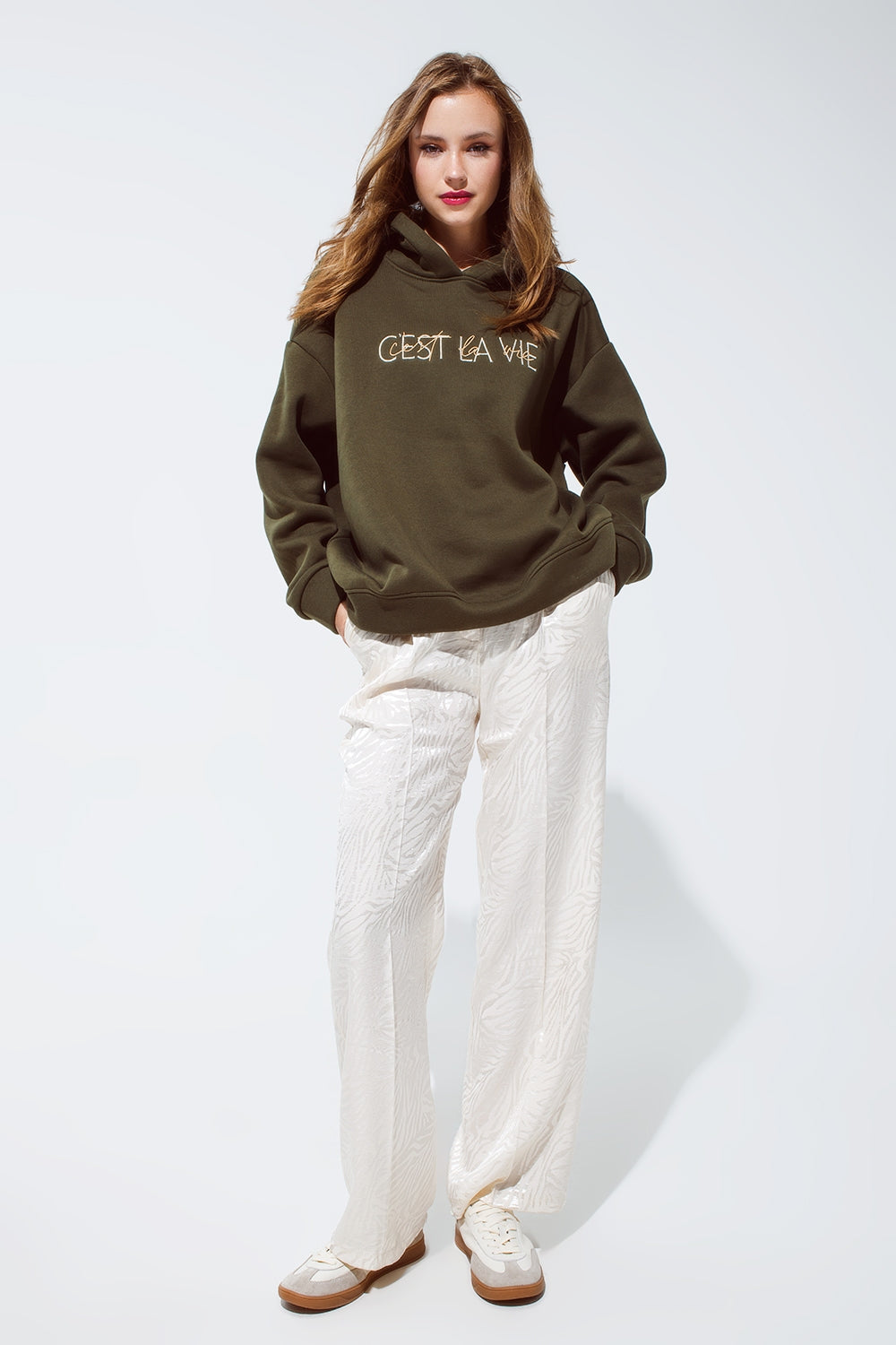 Khaki color hoodie with embroidered Cest La Vie text - jumper