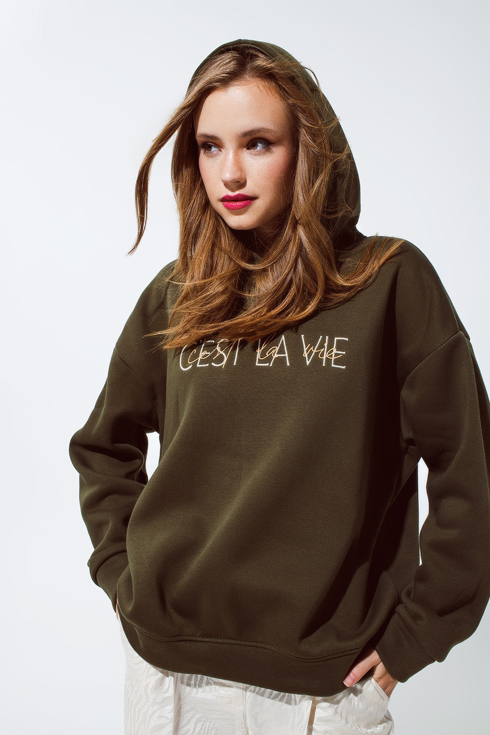 Khaki color hoodie with embroidered Cest La Vie text - jumper