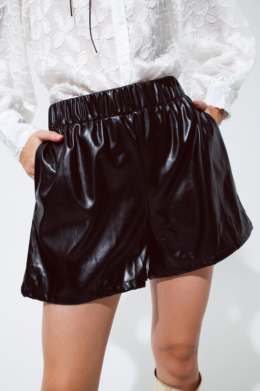 Black faux leather shorts - trousers