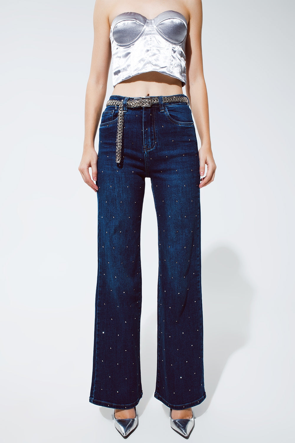 Jean droit en denim avec détails strass, bleu