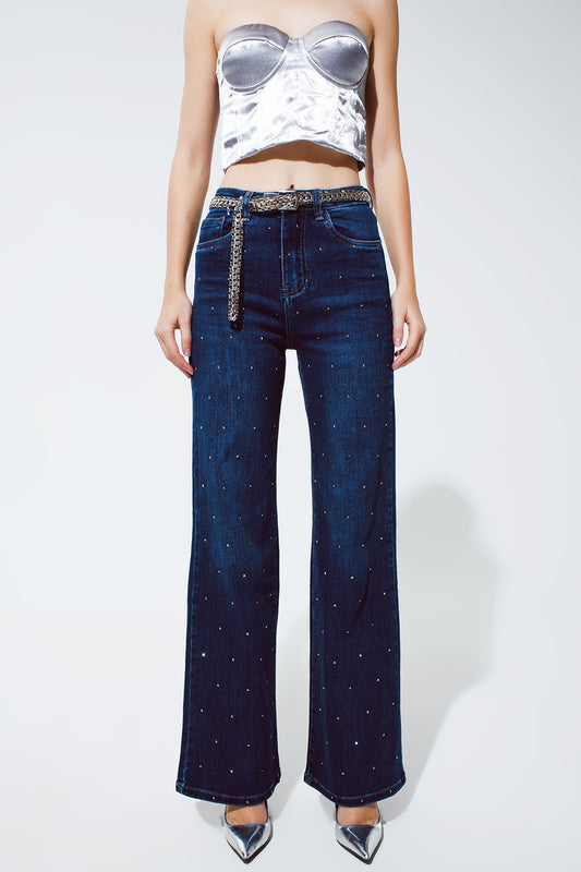 Straight Leg Jeans with strass detail in Blue - Denim