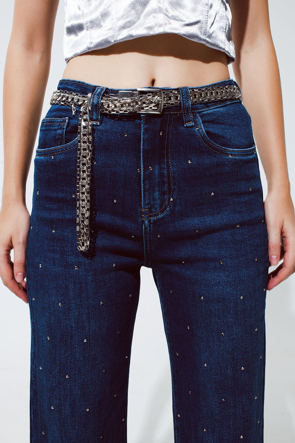 Jean droit en denim avec détails strass, bleu