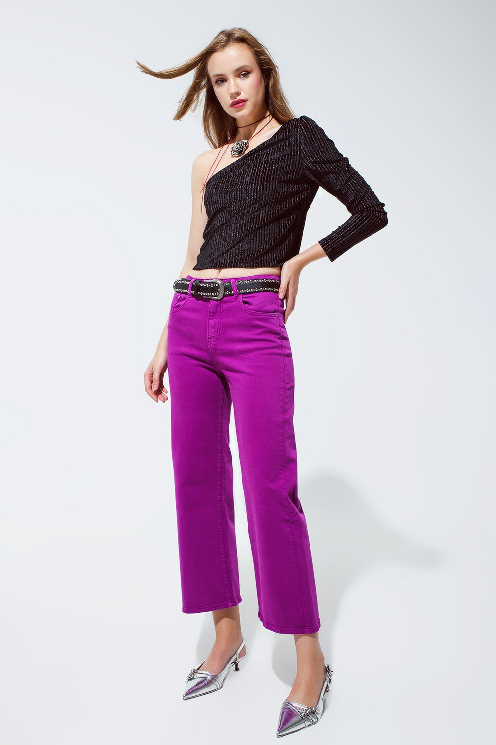 Cropped wide leg jeans in violet 3/4 length - Coloured Jeans
