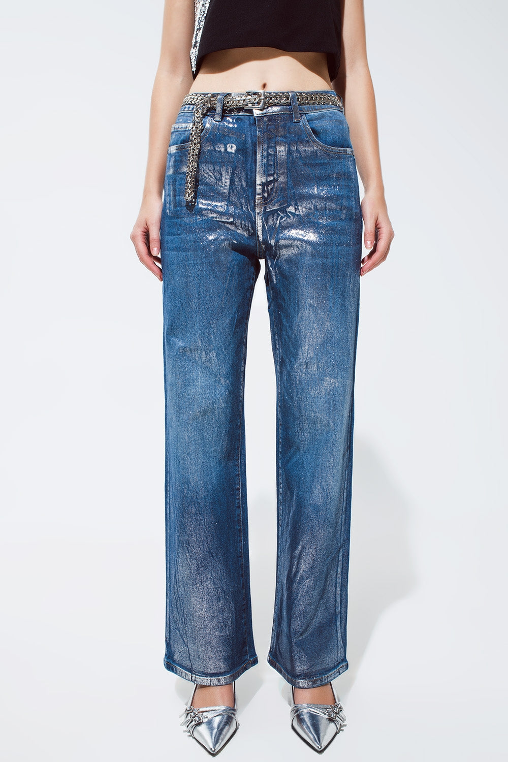 Straight Leg Jeans with silver metallic finish - Denim