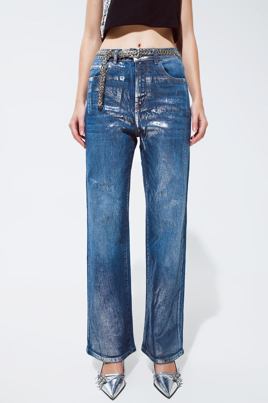 Straight Leg Jeans with silver metallic finish - Denim