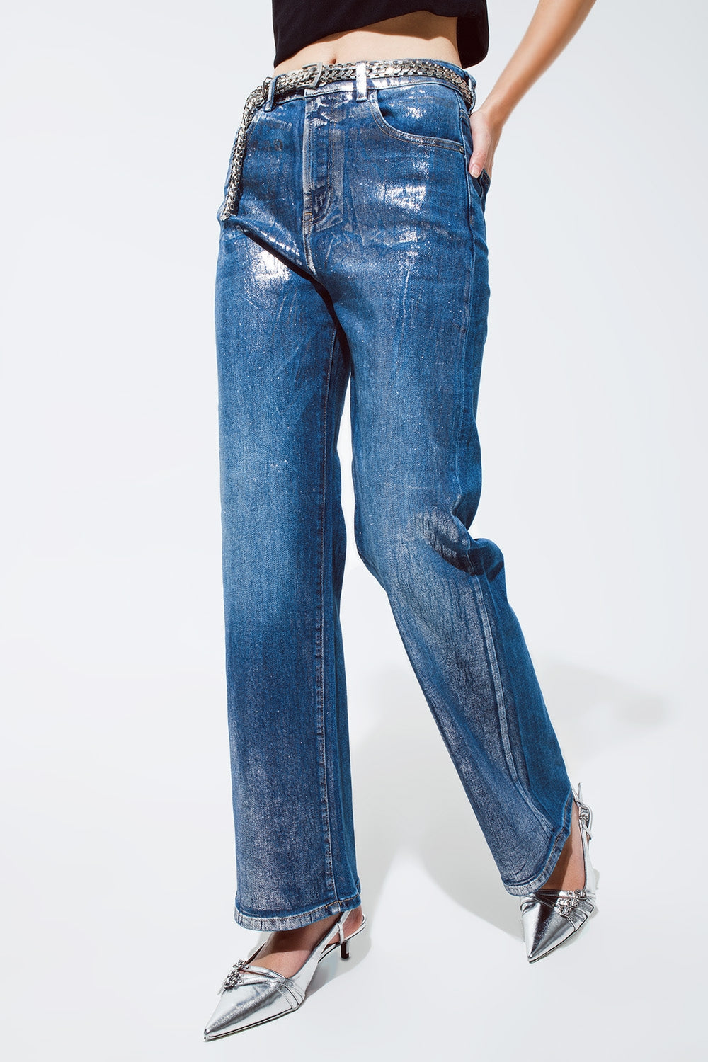 Straight Leg Jeans with silver metallic finish - Denim