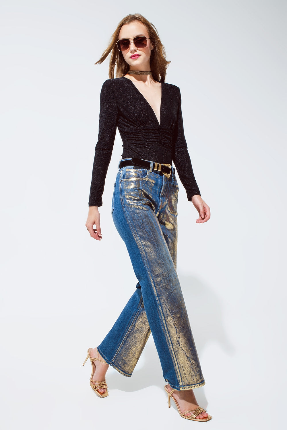 Party Shiny Body Top Long Sleeve in Black - top