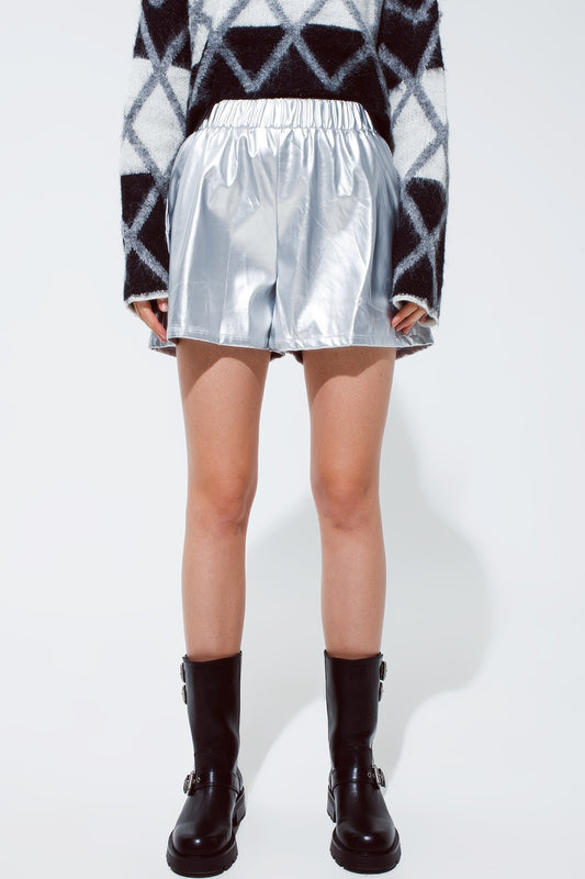 Leather silver metallic shorts - trousers