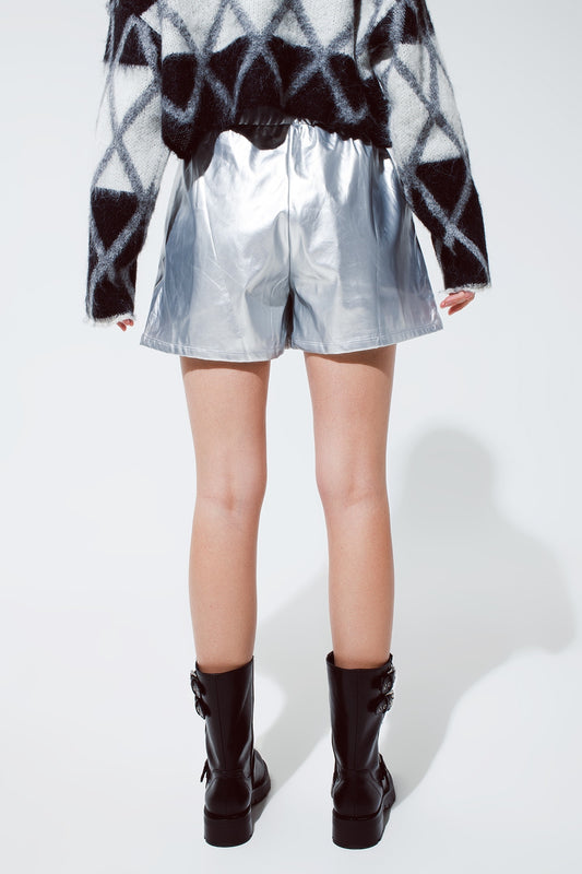 Leather silver metallic shorts - trousers