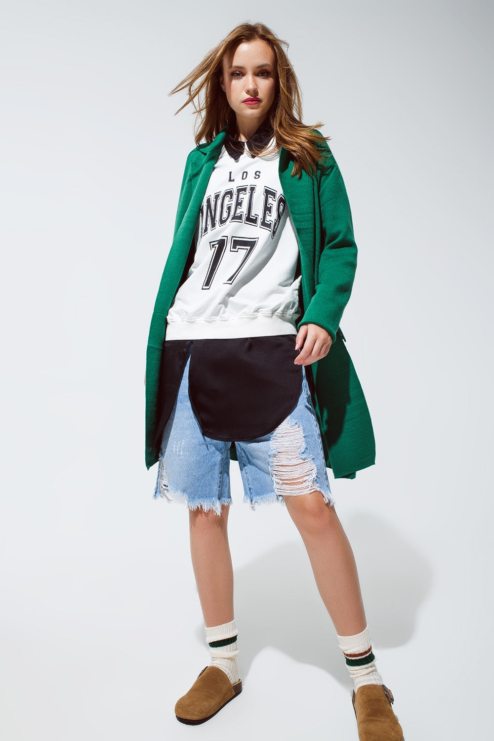 Oversized collar maxi cardigan in green